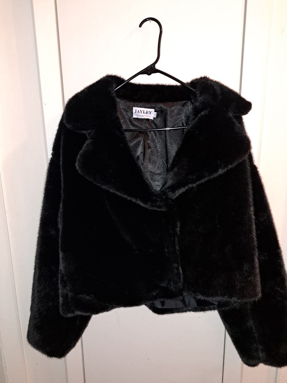 Jayley Black Faux Fur Cropped Jacket Coat L XL Luxury Plush Lined